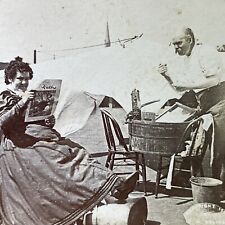Antique 1870s Portuguese Couple Washing Clothing Stereoview Photo Card P3394 picture