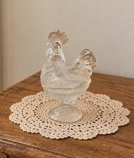 VTG Clear Glass Rooster on Pedestal Candy Dish Lid Farmhouse Cottagecore Country picture