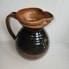 Hand Thrown Brown Glazed Pottery Stoneware Pitcher Vintage Artist Signed picture