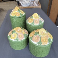 Vintage Basket Weave Canister Set of 4 Daisy Lid Ceramic Pottery 1970's KITCHEN  picture