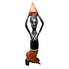 Vintage African Hand Carved Black Brown Wood Woman Figurine Beaded Statue Decor picture