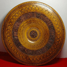 Vintage Polish Folk Art Hand Carved Wooden Plate Krakow Cepelia Wall Decor Label picture