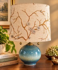 Turquoise Glazed Ceramic Table Lamp Dual Pull Chain Brass New Shade picture
