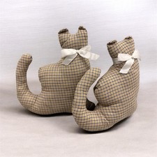 2 Vtg Folk Art Stuffed Fabric Cat Plush Grandma Chic Country Decor Cottagecore picture