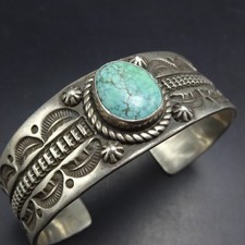 E.M. LINKIN Navajo VINTAGE Hand-Stamped Sterling Silver TURQUOISE Cuff BRACELET picture