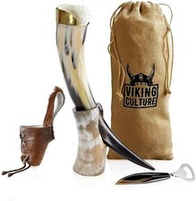 Viking Culture - Viking Horn Mug with Beer Opener, Stand, Genuine Fur Belt picture