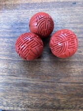 Vintage Antique Lot of 3 Large Carved Chinese Cinnabar Shou Beads Red picture