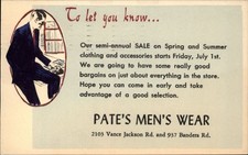 Pates Mens Wear Clothing Store Sale San Antonio TX vintage postcard c782 picture