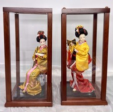 Pair Vintage Japanese Oyama Nishi Musician Dolls Glass Cases Missing 1 Top Lid picture