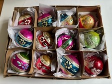 12 - VTG POLAND HAND PAINTED HOT PINK RED BLUE ORNAMENTS w BOX + SNOWY SCENES picture