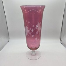 Vintage Cranberry Etched Glass Footed Vase picture