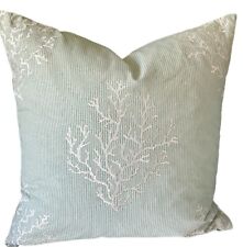 One Embroirered Coral Motif On Aqua Ticking Pillow Cover picture