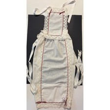 Antique White Lace Pinafore Apron Red Ribbon Trim Women XS S Victorian Style picture