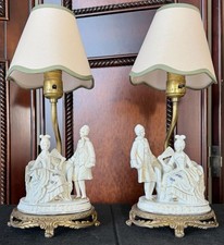 Pair Vintage 15” Porcelain Colonial Courting Couple Figurine Table Lamps Ornate picture