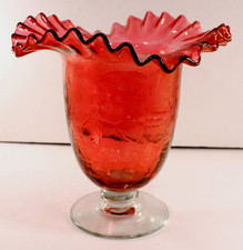 Ruffled Red Crackle Glass Hand Blown Vase Pontil Mark 7 1/2