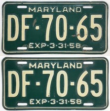 Vintage Maryland 1958 License Plate Pair Set DF-70-65 Original Paint picture