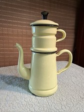 Vintage French Drip Enamelware Coffee Pot Yellow with Black Trim Nice picture