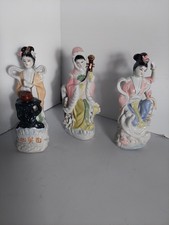 Vintage Lot Of 3 Ceramic Porcelain Asian Girl Geisha Figurines picture