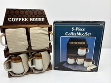 NEW Old Stock Vintage Interpur Wooden Coffee House Rack with 4 Stoneware Mugs picture