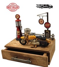 Vintage Route 66 Gas Station Motorcycle Model Ring Jewelry Trinket Box Cabinet picture