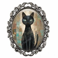 Black Cat Brooch Vintage Style Bohemian Cat Mom Gift Pin Silver Setting Glass picture