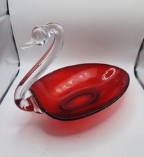 Vintage Ruby Red Glass Swan Dish Bowl Candy Dish Decor Art Sculpture Figurine  picture