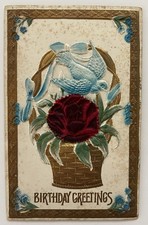 Antique Embossed Birthday Postcard Bluebird Basket Red Velvet Flower Gold Trim picture