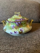 Antique Hand-Painted Porcelain Sugar Bowl with Lid – Floral & Gold picture