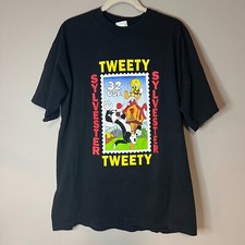 Vintage 1997 Tweety Bird & Sylvester 32 Cent Stamp T-Shirt L/XL Black USA 90s picture