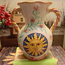 ASSISI~Made In Italy~7.75”H Colorful Vase~Sun~w/A Face Design~Italian Pottery~ picture