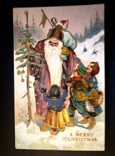Fancy Purple Robe Santa Claus w. Children~Tree~Antique Christmas Postcard~s263 picture