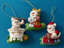 Vintage Bucilla Set/3 Jeweled Felt SANTA Handmade Christmas Holiday Ornaments picture