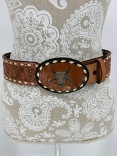 Vintage Tony Lama Leather Western Belt Longhorn Buckle Tooled “LEANNE “39” Bull picture