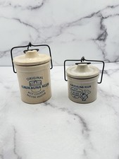 Vintage Kaukauna Klub Stoneware Cheese Crocks Pair with Lids & Wire Bail picture