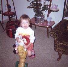Toddler Girl Holding Raggedy Ann Toy Riding Horse 1969 60s Vtg 126 Color Slide picture
