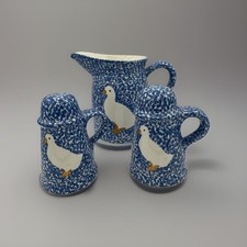 3pc Vtg 1980s Spongeware Country Goose Pitcher & Salt / Pepper Shakers Blue USA picture