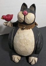 Blossom Bucket Folk Art Black & White Cat Bell Collar Red Bird On Tail 2002 DAP picture