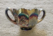 Amethyst Carnival Glass Sugar Bowl Orange Tree Irridescent Side Handles picture