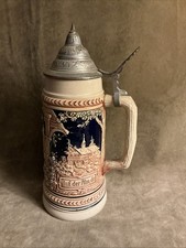  Vintage Large German Stoneware Beer Stein Pewter Lid Auf DER ALM DA picture
