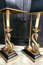 Vintage Pair of CHAPMAN Empire Style BRASS SWAN LAMPS  Black Tole Shades picture