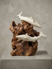 Vintage John Perry Dual Shark Sculpture Great White/Mako Complex Burl Wood Base picture