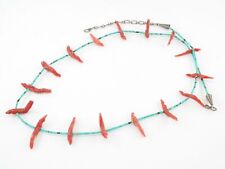 Vintage Zuni Carved Coral, Turquoise Heishi Sterling Silver Fetish Necklace picture