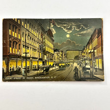 1912 Downtown Binghamton NY Court Street By Night Postcard Trolly Cars Model T picture
