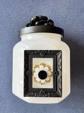 White Milk Glass Vanity Jar One-Of-A-Kind Black & Gold Handcrafted 6