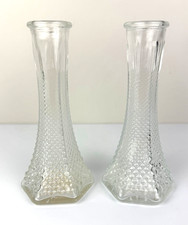 2 Vtg. E.O. Brody Clear Glass Hexagonal Diamond Point Bud Vases 6 in. picture