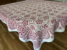 Vintage Linen Tablecloth 62x55” Dark Red Mod Floral Geometric EUC picture