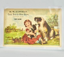 M. W. Eastman Cash Boot Shoe Store Victorian Trade Card Girl Dogs picture