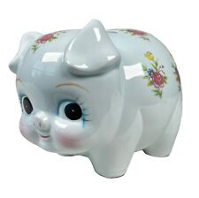 Vintage Lefton Anthropomorphic Floral Baby Blue Piggy Coin Bank 7”x6” picture