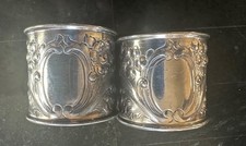 Vintage Ornate Silver Tone Napkin Rings Embossed Floral Scrolls Blank Cartouche picture