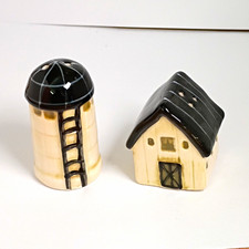 • Cracker Barrel Black Cream Ceramic Barn and Silo Salt and Pepper Shakers Set picture